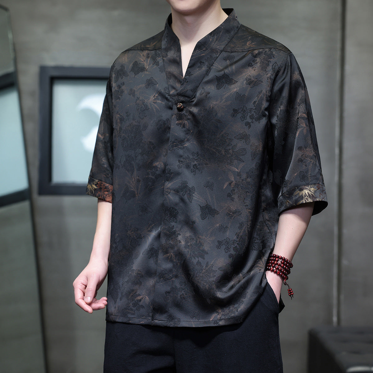 Men's Style Loose Fit Drop Shoulder Casual Mandarin Collar Shirt