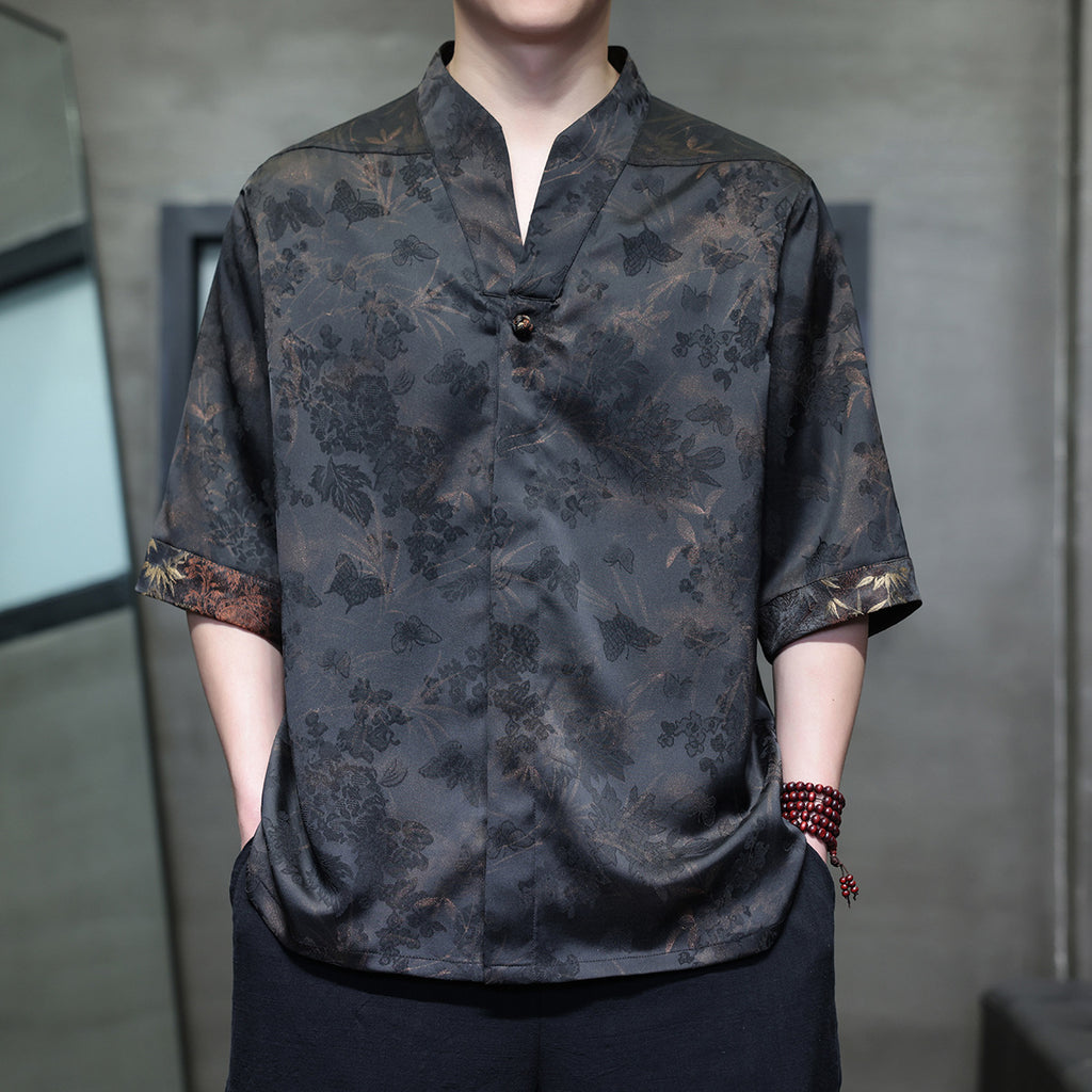 Men's Style Loose Fit Drop Shoulder Casual Mandarin Collar Shirt