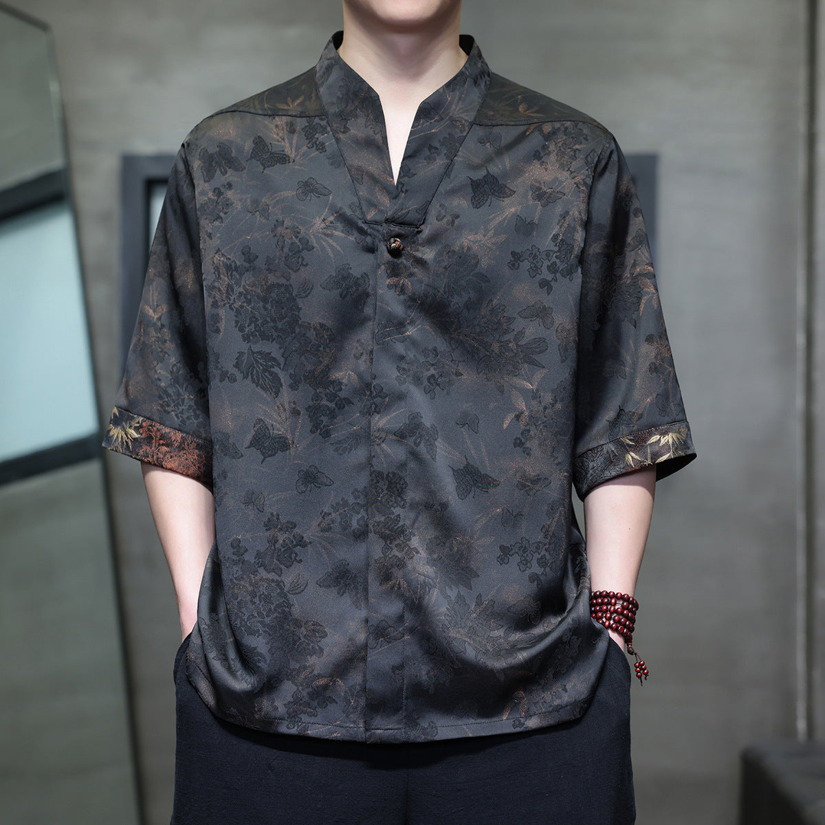 Men's Style Loose Fit Drop Shoulder Casual Mandarin Collar Shirt