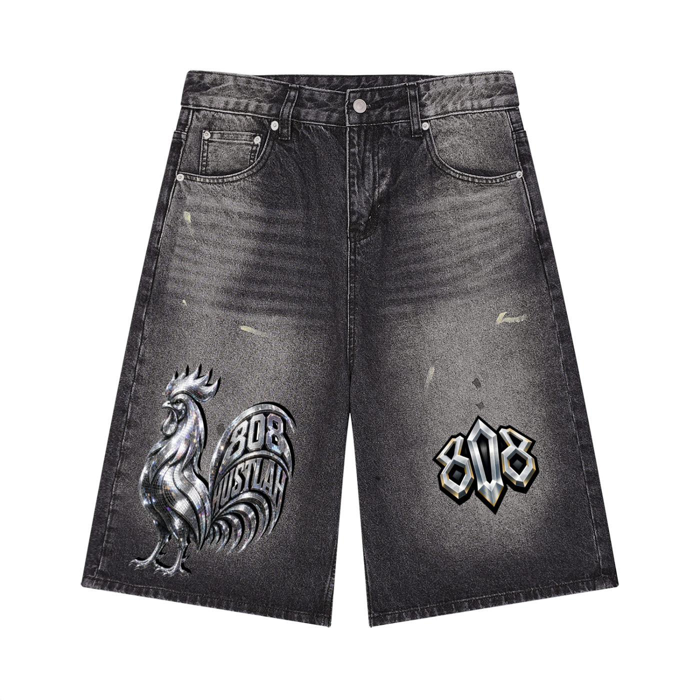 808HUSTLAH Wide Leg Denim Shorts