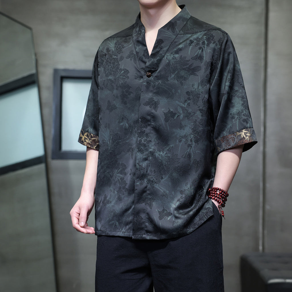 Men's Style Loose Fit Drop Shoulder Casual Mandarin Collar Shirt