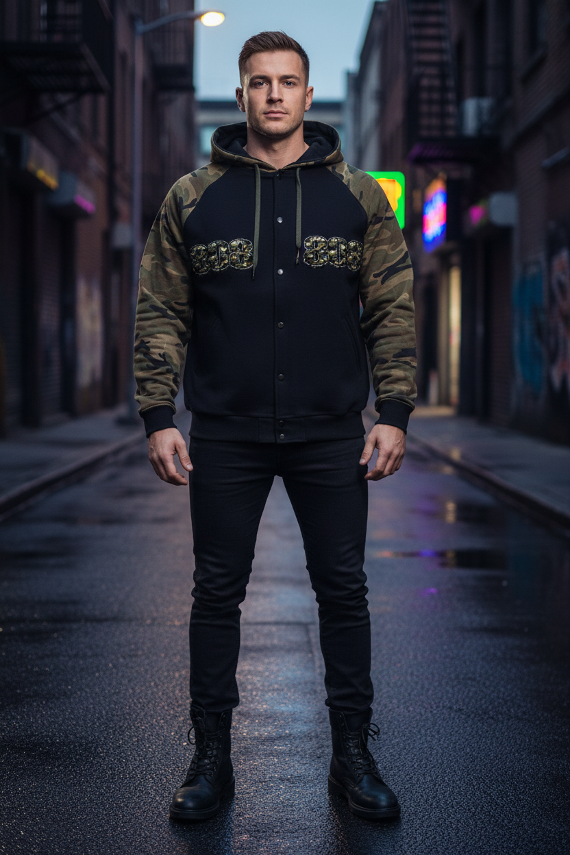 808HUSTLAH Camo-Splice Raglan Zip Hoodie – Front