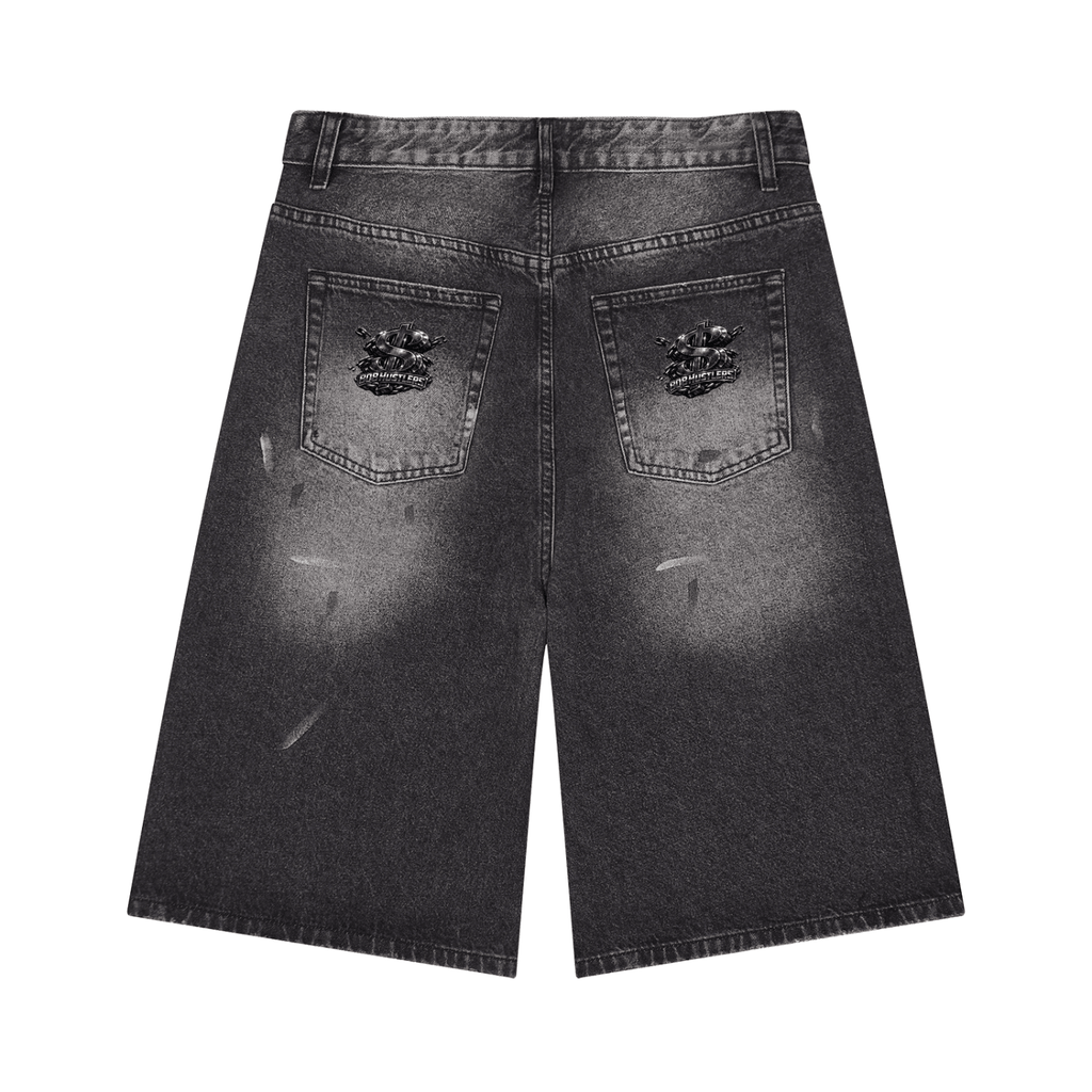 808HUSTLAH Chrome Rooster Wide Leg Denim Shorts - 808HUSTLAH