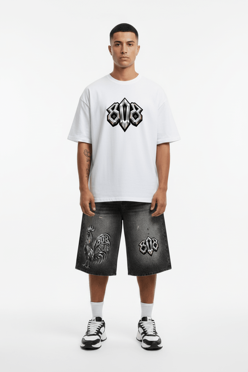 808HUSTLAH Chrome Rooster Wide Leg Denim Shorts - 808HUSTLAH