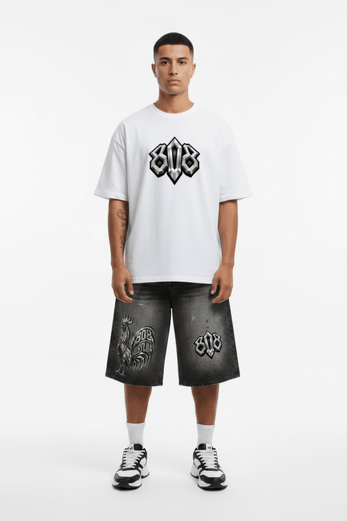 808HUSTLAH Chrome Rooster Wide Leg Denim Shorts - 808HUSTLAH