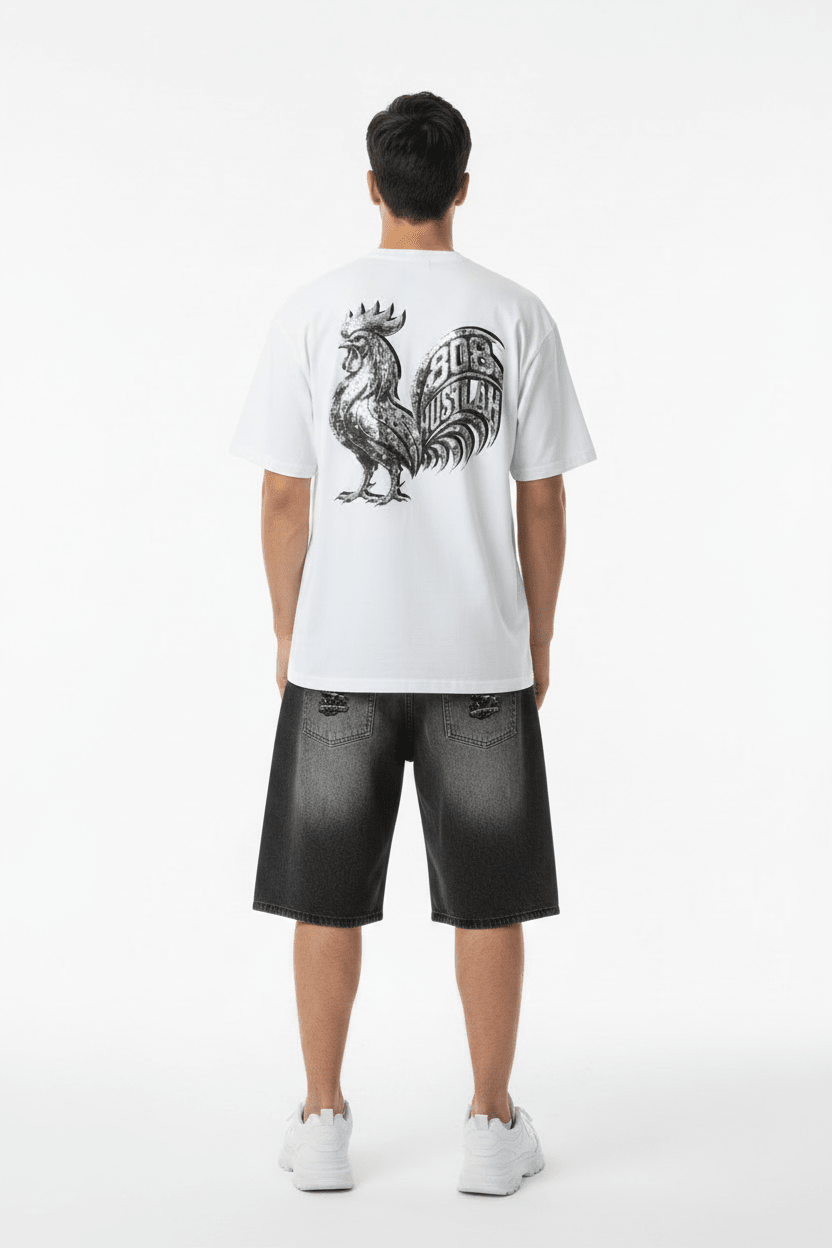 808HUSTLAH Chrome Rooster Wide Leg Denim Shorts - 808HUSTLAH