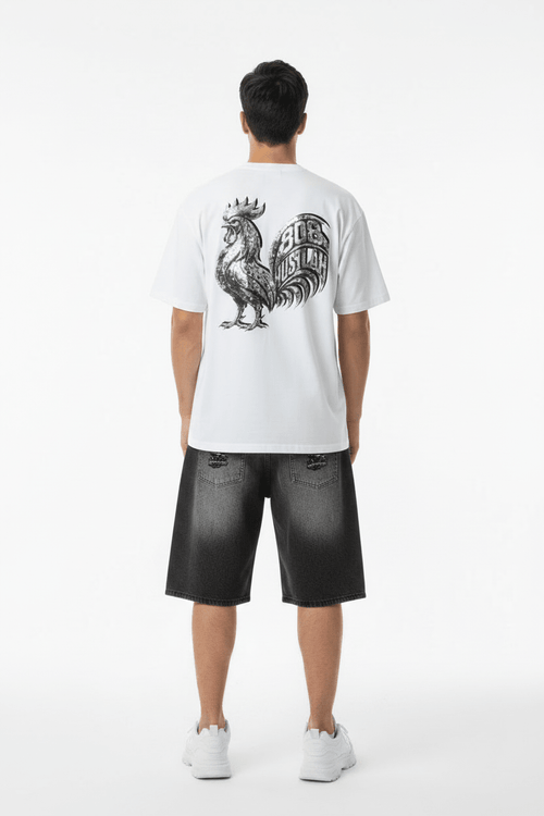 808HUSTLAH Chrome Rooster Wide Leg Denim Shorts - 808HUSTLAH