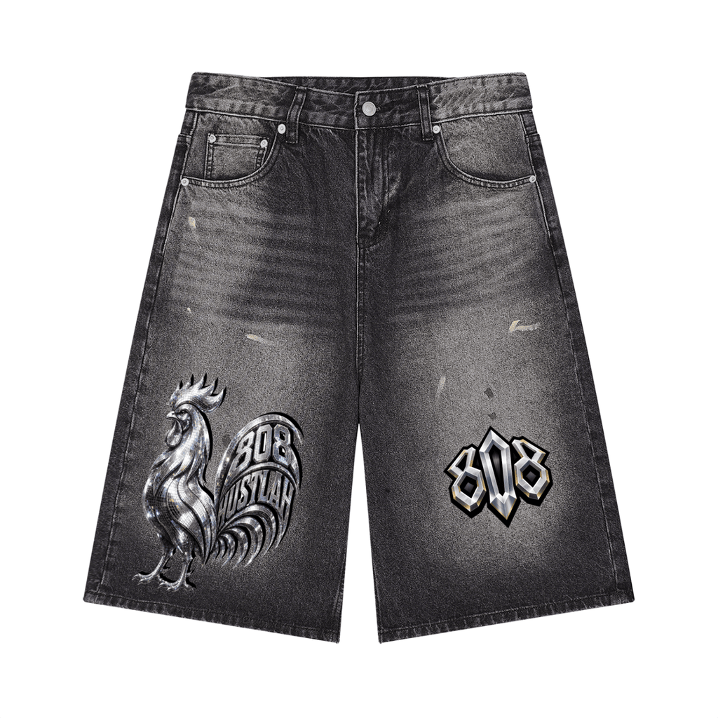 808HUSTLAH Chrome Rooster Wide Leg Denim Shorts - 808HUSTLAH