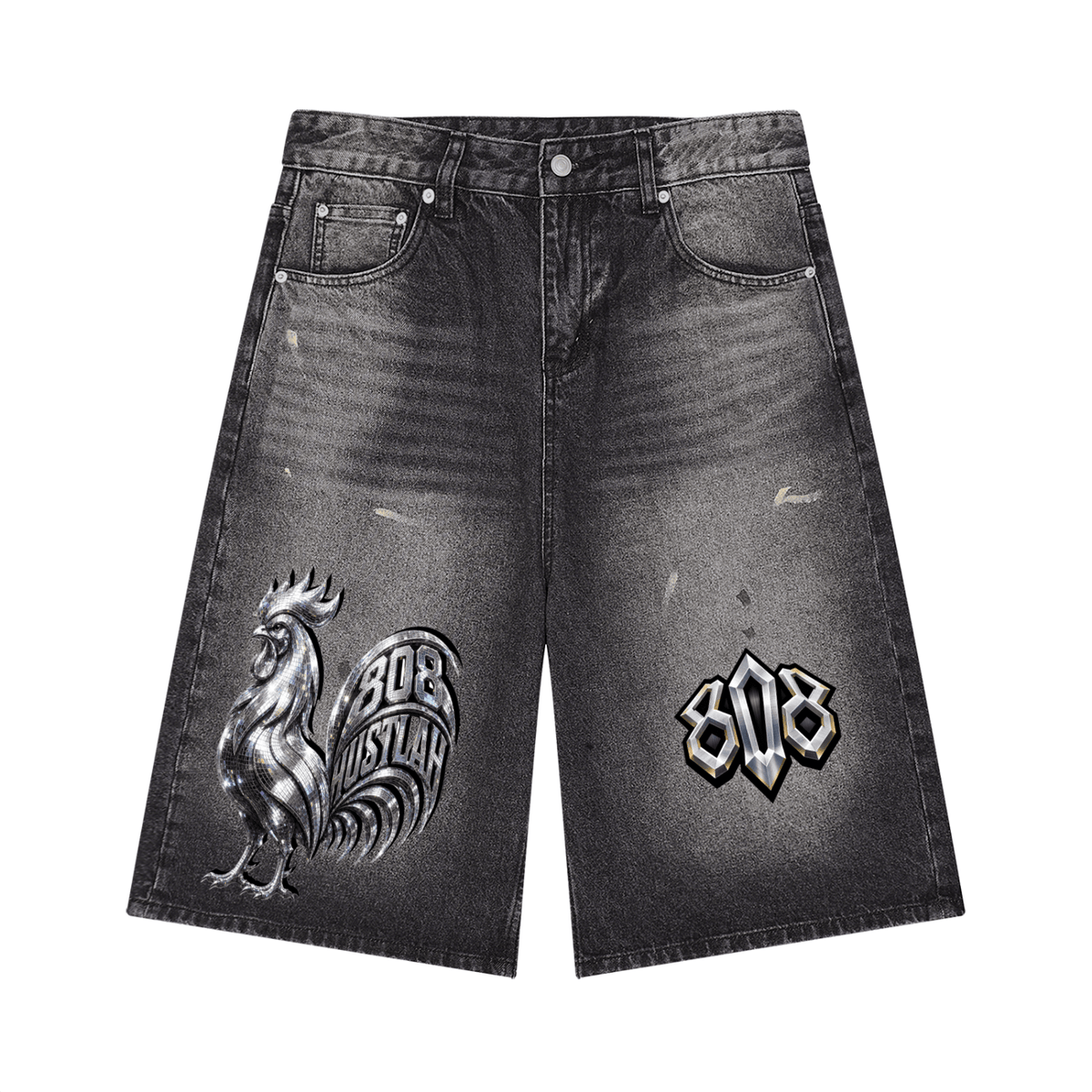 808HUSTLAH Chrome Rooster Wide Leg Denim Shorts - 808HUSTLAH