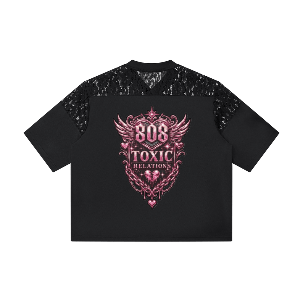 808HUSTLAH TOXIC RELATIONS Lace Paneling V-Neck T-Shirt - 808HUSTLAH