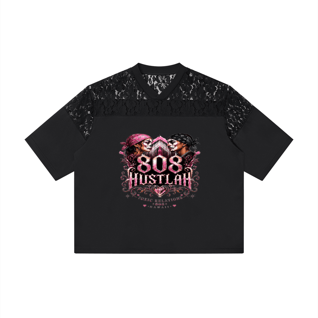 808HUSTLAH TOXIC RELATIONS Lace Paneling V-Neck T-Shirt - 808HUSTLAH