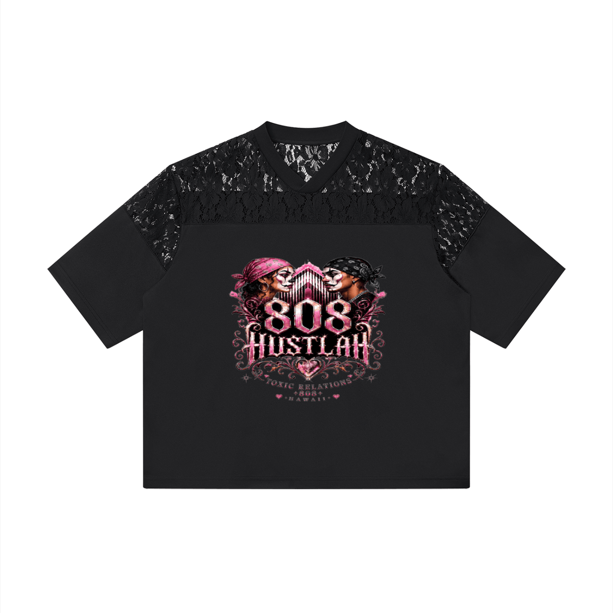 808HUSTLAH TOXIC RELATIONS Lace Paneling V-Neck T-Shirt - 808HUSTLAH