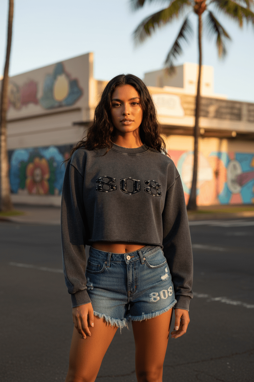 80HUSTLAH Raw Edge Cropped Sweatshirt - 808HUSTLAH