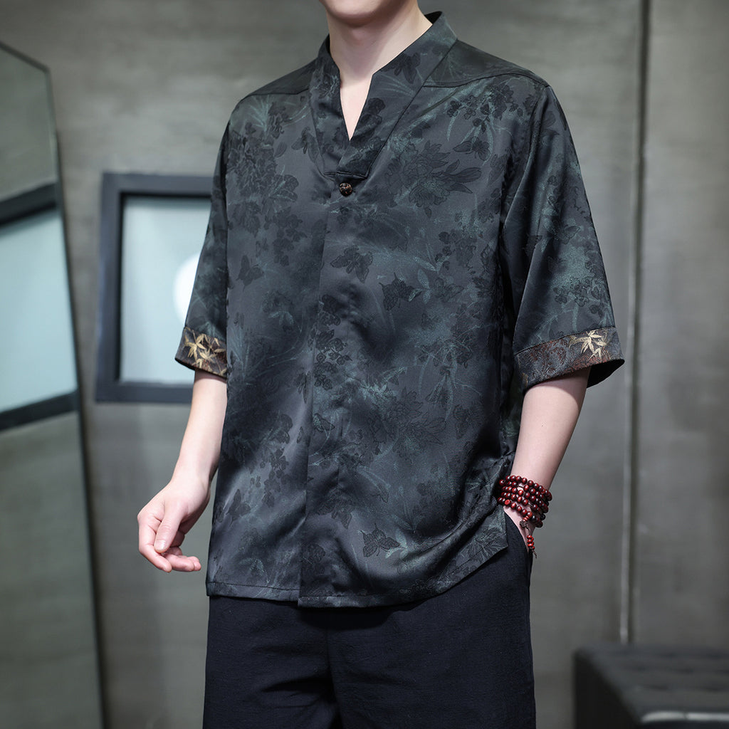 Men's Style Loose Fit Drop Shoulder Casual Mandarin Collar Shirt
