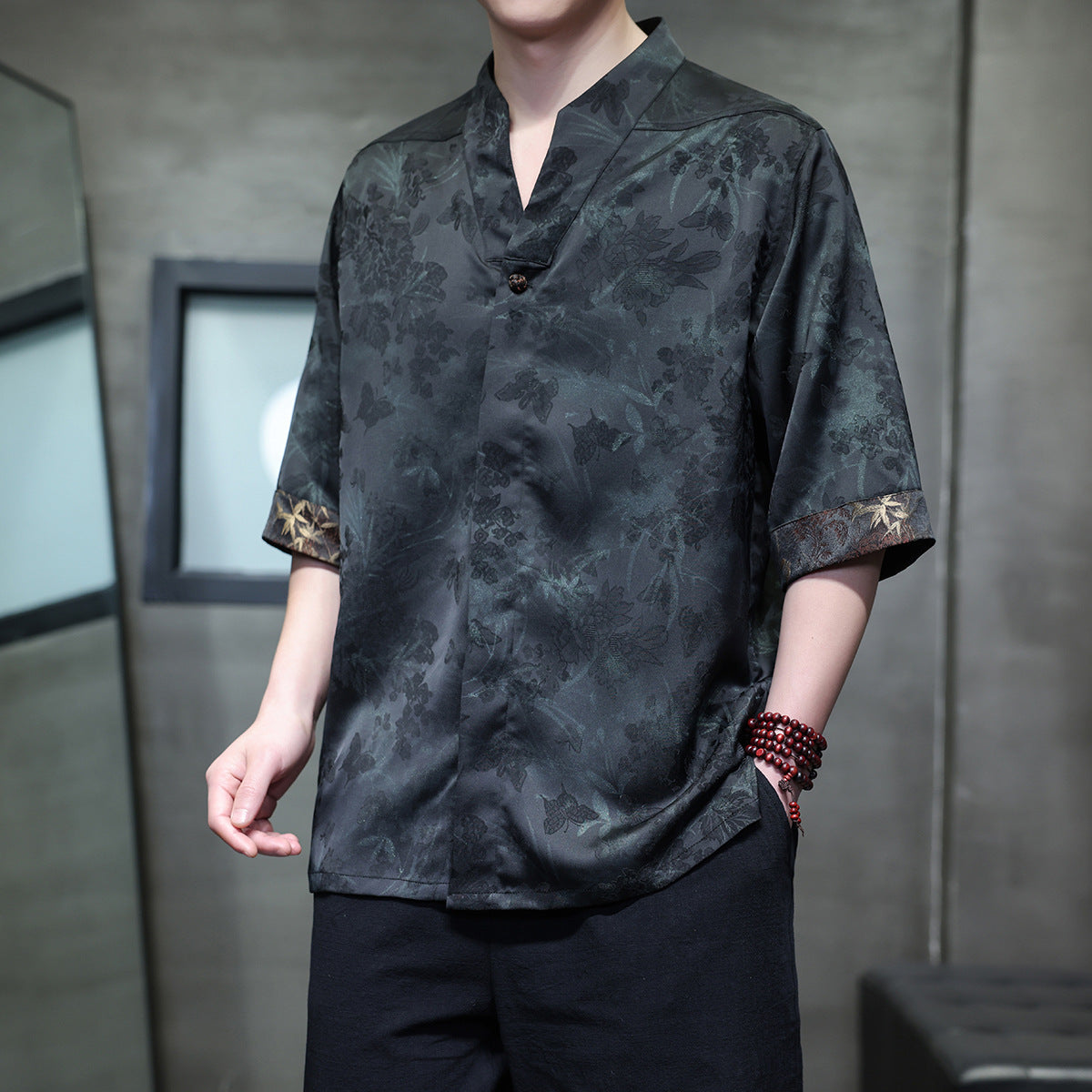 Men's Style Loose Fit Drop Shoulder Casual Mandarin Collar Shirt