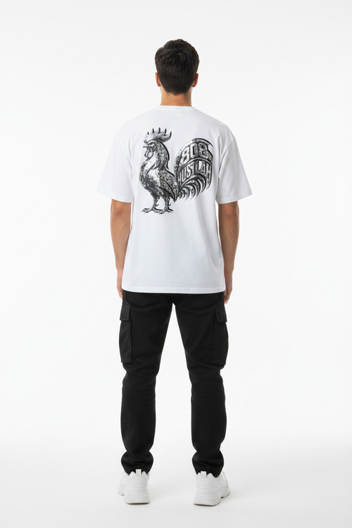 Back pose - 808 Hustlah Chrome Rooster Tee