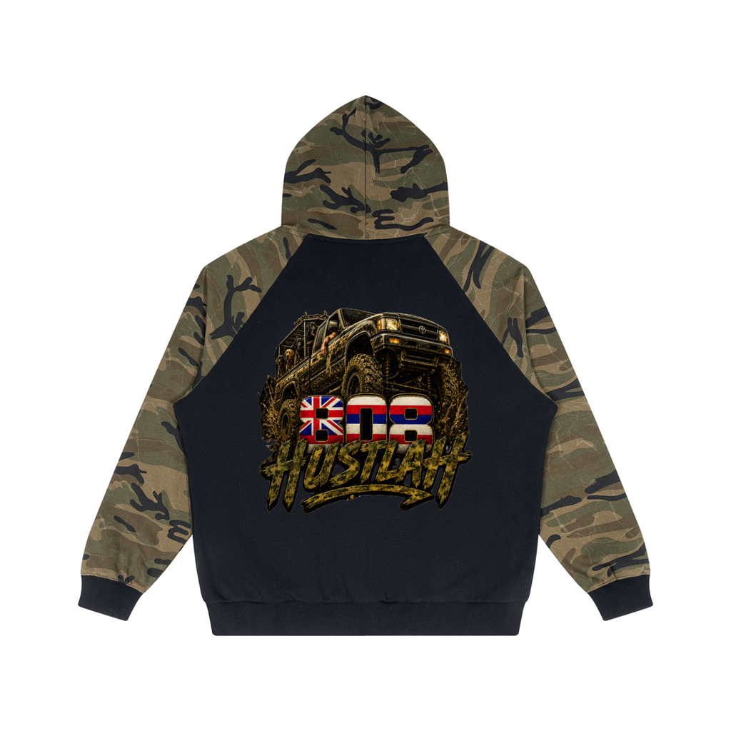 808HUSTLAH Camo-Splice Raglan Zip Hoodie