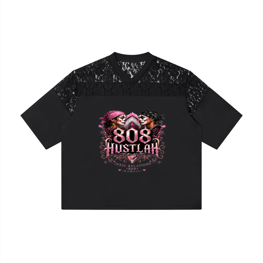 Unisex Lace Paneling V-Neck T-Shirt