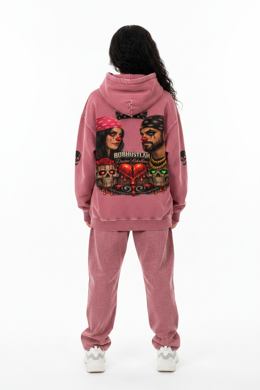 Female model red hoodie back
